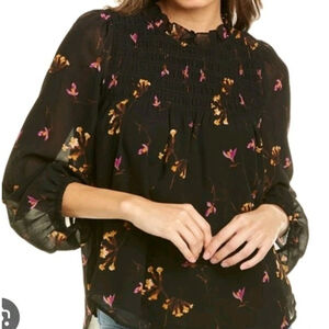 Madewell Georgette Womens S Black Floral Smocked Top Collar Prairie Country Boho